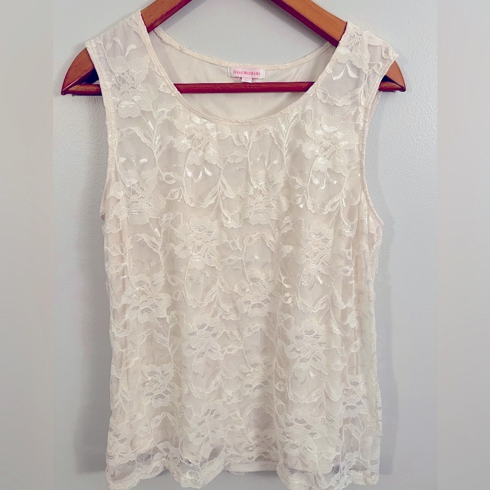 Isaac Mizrahi Ivory Floral Lace Sleeveless Top Size L Sheer Romantic Blouse